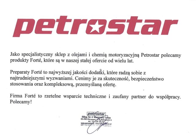 Sklep motoryzacyjny Petrostar z produktami Forté
